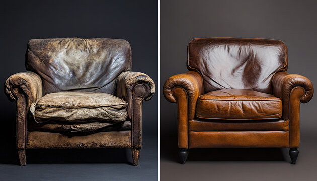 Comparison of old and restored leather armchair