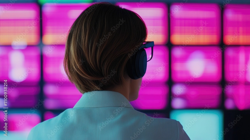 Poster cybersecurity expert closely examining multiple data screens showcasing their technical expertise an