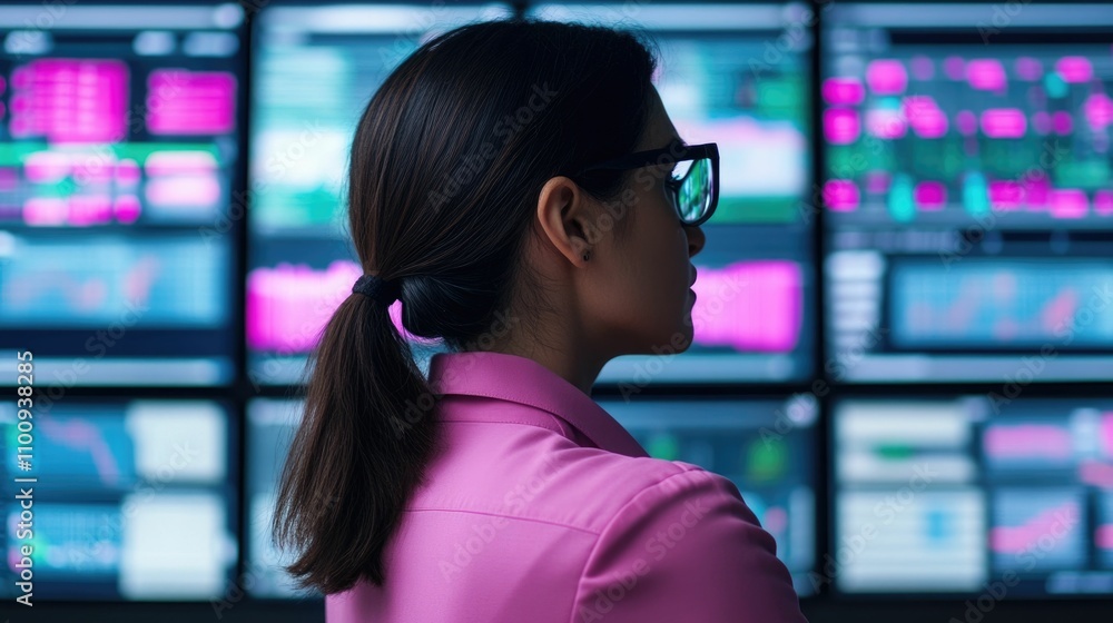 Aufkleber cybersecurity expert analyzing data on multiple screens showcasing tech leadership and focused innov