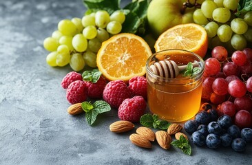 Healthy food background featuring fruits, nuts, and a variety of fresh produce