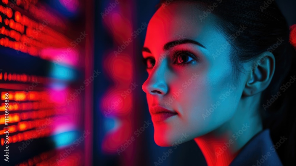 Poster focused female ethical hacker conducting security tests and analysis in a high tech innovation lab e