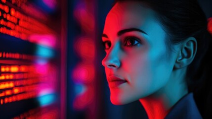 Focused Female Ethical Hacker Conducting Security Tests and Analysis in a High Tech Innovation Lab Environment with Neon Lighting and Displays