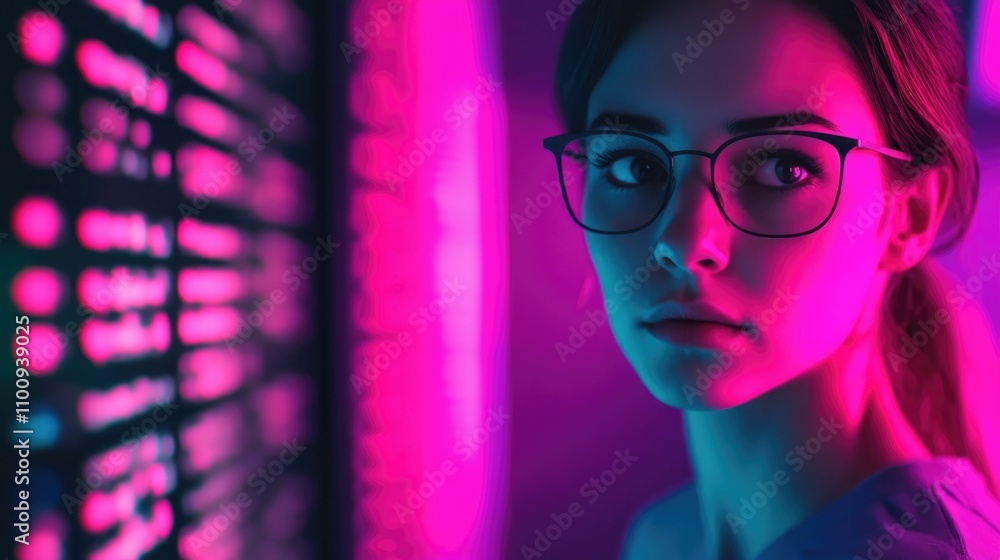 Aufkleber concentrated woman in glasses examining data and running security tests in a high tech innovation la