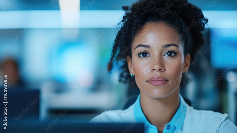 Poster confident and focused female software developer testing an application for assurance in a modern off