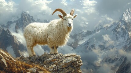 Obraz premium Majestic White Mountain Goat Stands on Rocky Peak
