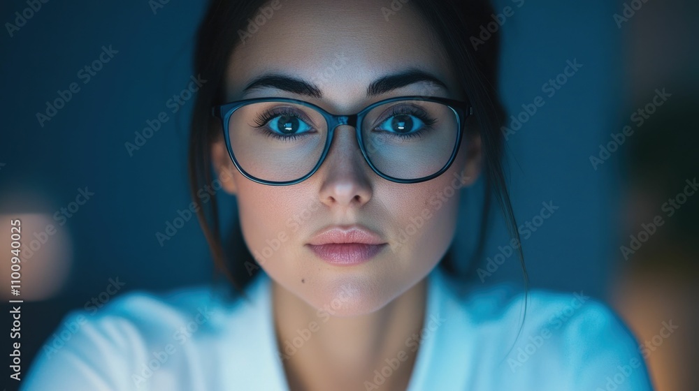 Poster close up portrait of a focused female software developer intently testing an application to ensure i