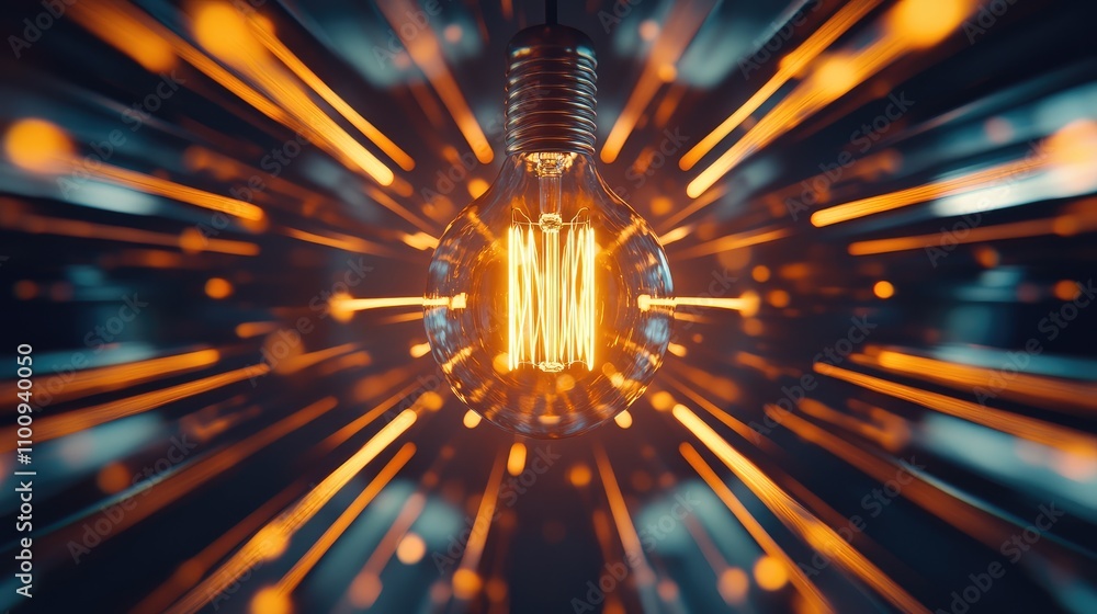 Poster vibrant electric bulb illuminating with dynamic light rays in an artistic display of energy and inno