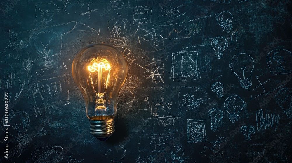 Poster glowing light bulb illuminating chalkboard with creative sketches and ideas representing innovation,