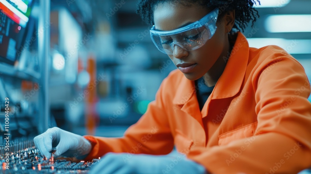 Poster determined woman engineer develops innovative hardware prototype in advanced technology laboratory s