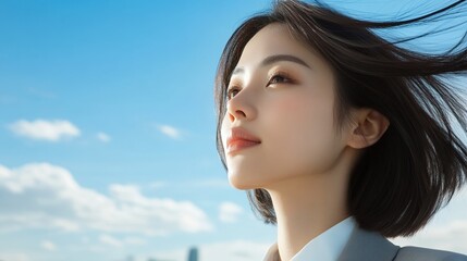 Empowered vision a confident asian woman with a medium haircut embracing the sky and future ahead