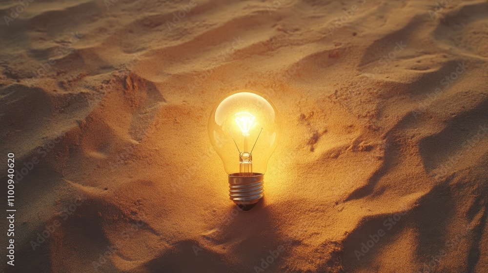 Poster Illuminated Light Bulb Placed on Soft Sandy Surface Creating a Unique Contrast Between Nature and Artificiality in an Inspirational Setting