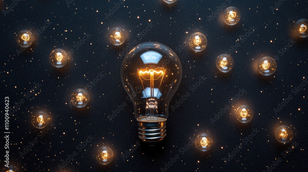 Poster bright and innovative light bulb surrounded by shimmering retro light globes creating an atmosphere 