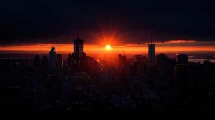 Naklejka premium A stunning sunset over a city skyline, casting rays of light through clouds.