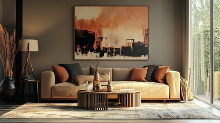 Modern Earth-Tone Interior. An earth-toned, modern living room with cozy furniture and abstract wall art. Perfect for promoting warm, inviting home spaces.