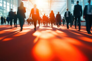 Blurred business people walking in a convention center. Illustrates a busy trade show or conference.