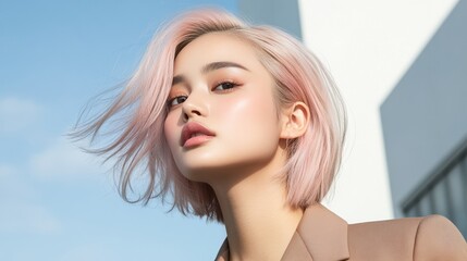 Captivating portrait of a beautiful thai woman with medium short hair against a clear sky background