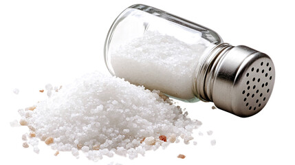 Close-up of spilled salt from a glass shaker, showing texture and crystals isolated on transparent or white background. Generative ai