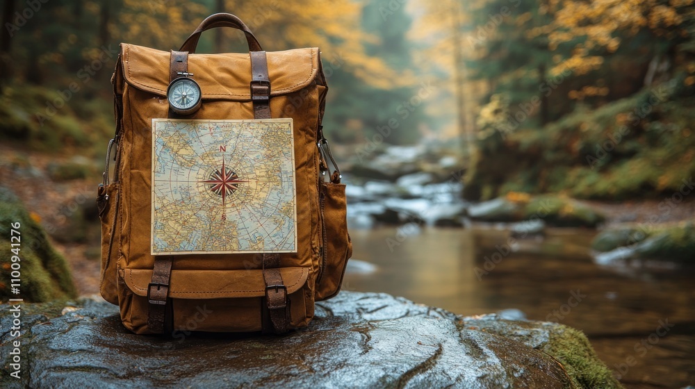 Poster a brown backpack with a compass and map attached to it sits on a rock in a forest.