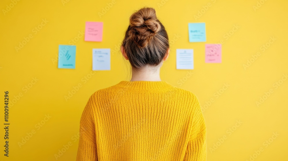 Poster young female software developer working on prototyping a new app interface at her desk in a creative