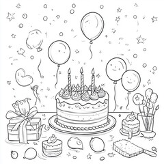 A joyful birthday party with cake and balloons, coloring page for kids, simple outline illustration. Coloring book, simple lines