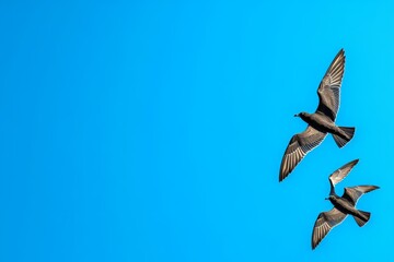 Obraz premium A single silhouette of a bird in flight against a uniform sky blue background, focusing on space and contrast