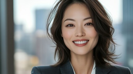 Fototapeta premium Captivating portrait of a beautiful asian woman radiating confidence and professionalism in a modern urban setting