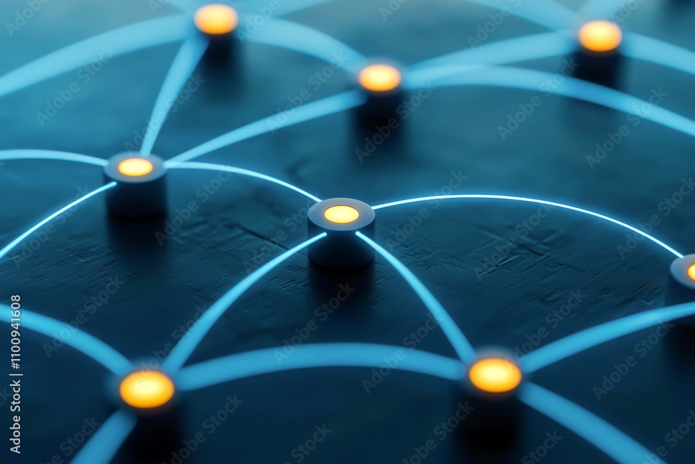Poster crm hub of connectivity, nodes connected by neon lines in a futuristic grid design on a dark surface