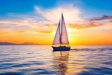 A small sailboat cutting through the waves during a colorful sunset, with the horizon glowing in shades of orange and purple