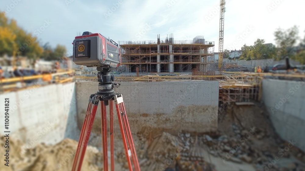 Poster 3d laser scanning technology at work on construction site to create a building model