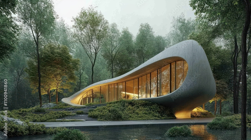 Poster a building structure designed to blend in with the natural environment, with trees planted around it