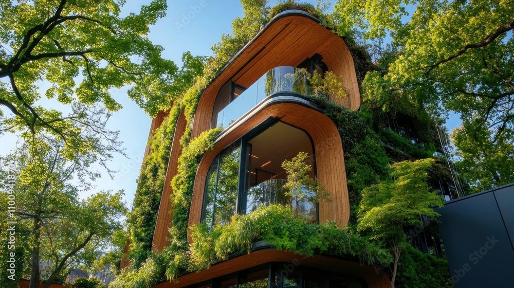 Poster a building structure designed to blend in with the natural environment, with trees planted around it