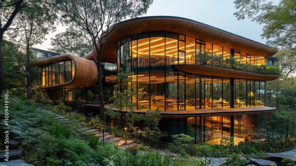 Poster a building structure designed to blend in with the natural environment, with trees planted around it