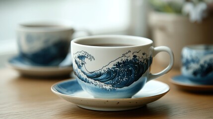 A coffee cup superimposed with a white and blue wave image, giving a sense of freshness and calmness in every sip.