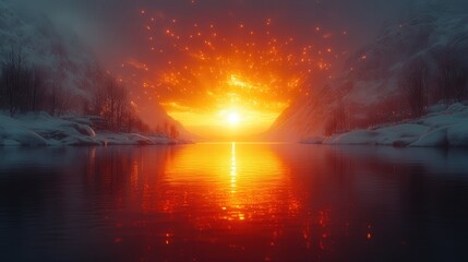 A stunning sunset over a tranquil lake, surrounded by snowy mountains and glowing embers.