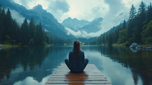 A woman captures memories with a tablet on a picturesque mountain dock, celebrating nature.