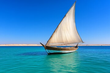 Fototapeta premium A traditional dhow boat sailing along a desert coastline, with its sails catching the wind