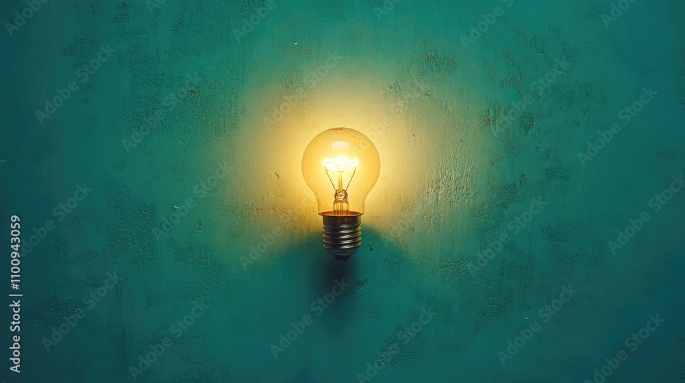 Poster illuminated light bulb glowing against a textured turquoise wall, creating a warm ambiance and captu