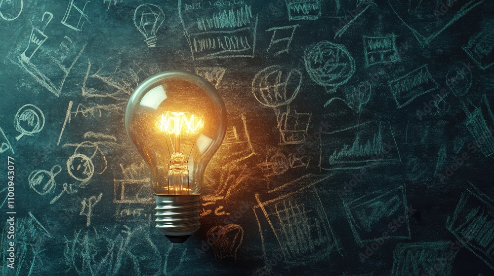 Aufkleber glowing light bulb on chalkboard with creative sketches and diagrams representing innovative ideas a