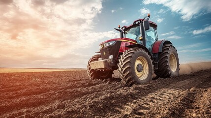 Obraz premium A large tractor is plowing soil on a large construction site in an open landscape.