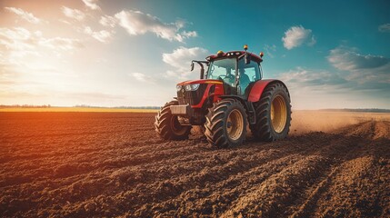 Obraz premium A large tractor is plowing soil on a large construction site in an open landscape.