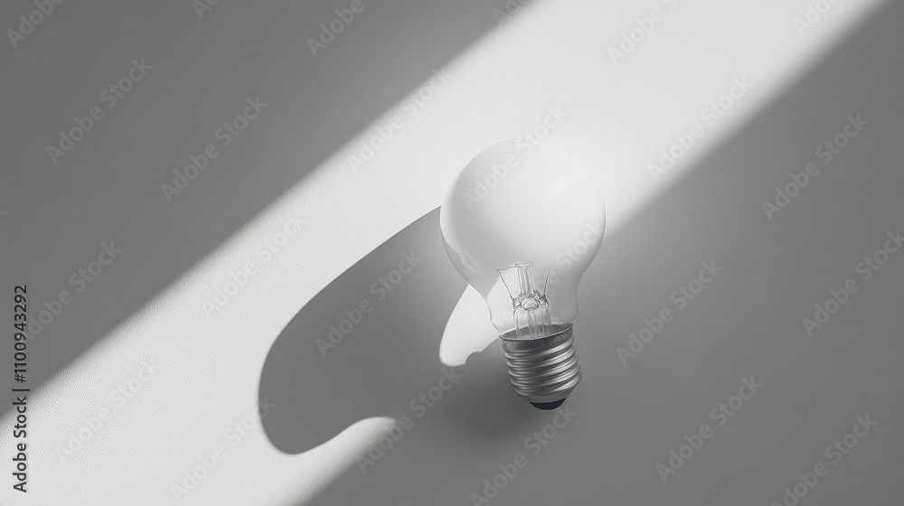 Poster minimalistic white light bulb on smooth gray surface with soft shadow and natural light creating sub