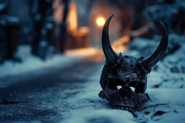 Close-up of a Krampus mask with horns on a snowy path under a streetlight in Germany
