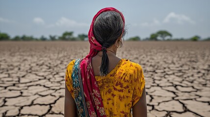A woman faces cracked earth in a drought-stricken region, symbolizing the hardship caused by climate change and environmental challenges.