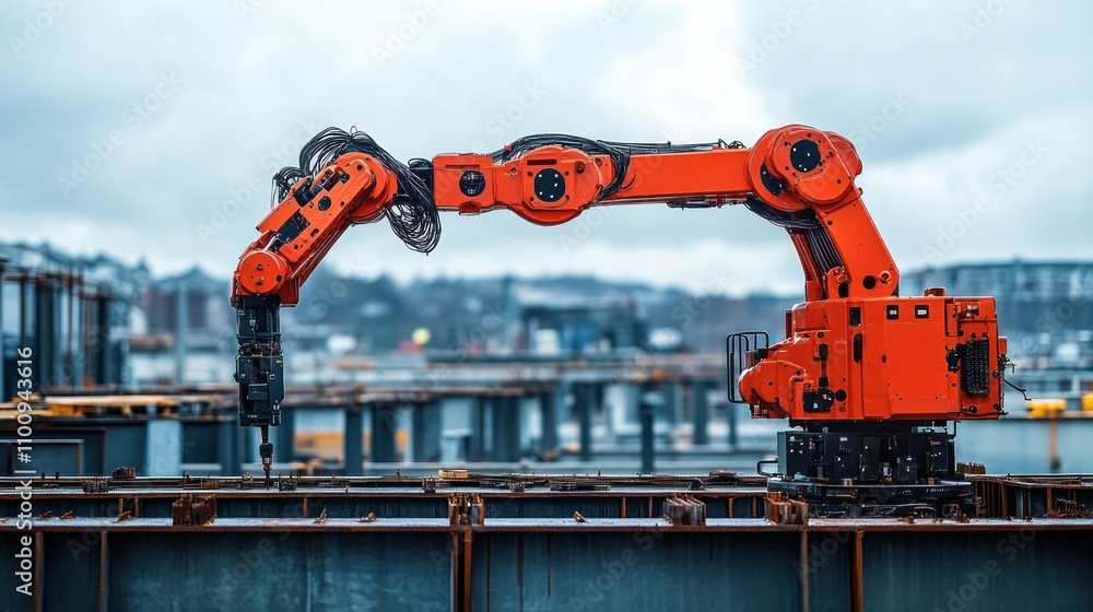 Poster a robot arm designed for construction works is assembling a steel structure on a construction site