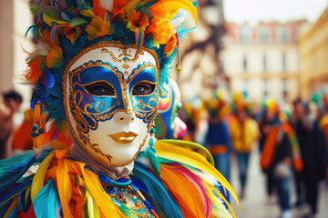 Colorful masks and costumes at Hungarian mask festival parade under natural light