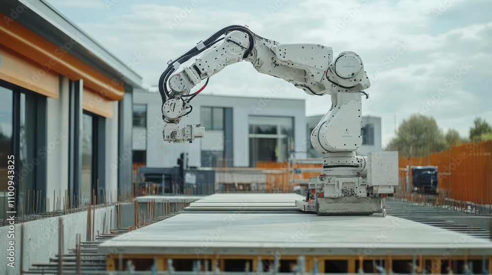 Poster a robotic arm installs concrete slabs on a building structure under construction