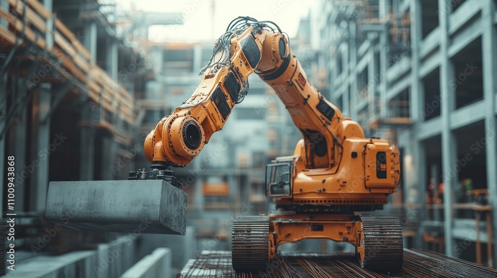 Poster a robotic arm installs concrete slabs on a building structure under construction