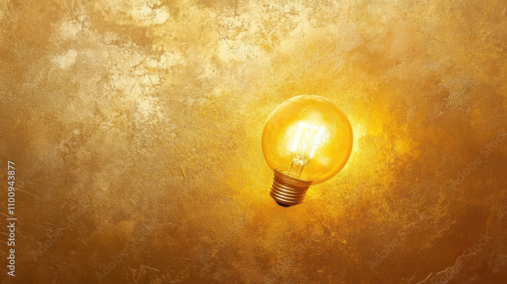 Poster illuminated light bulb with golden textured background, capturing the essence of light and creativit