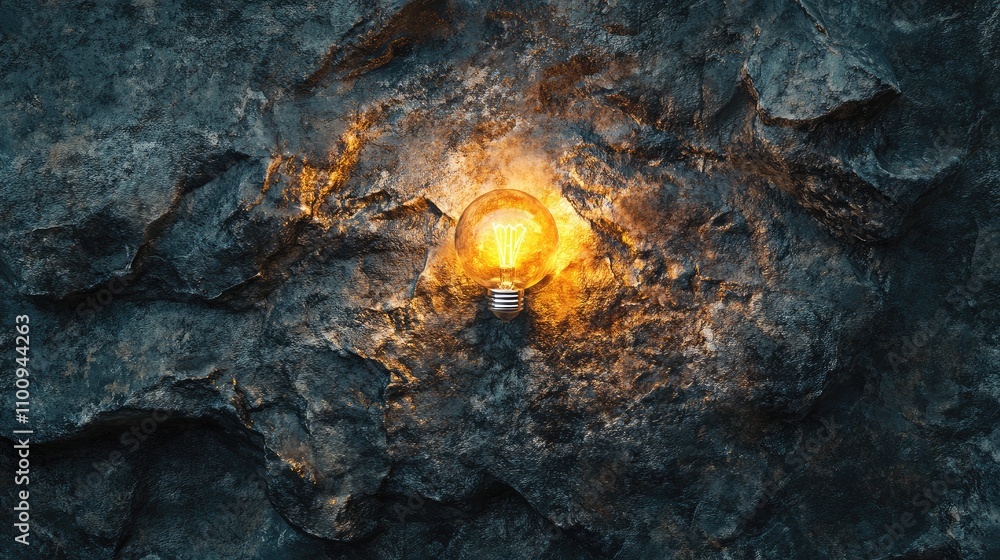 Poster charming light bulb illuminated against rugged textured rock surface creating a unique atmosphere of