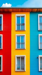 Obraz premium Vibrant Facade: A captivating close-up of a colorful building, showcasing a bold and playful design. The contrasting hues of red, yellow, and blue create a dynamic visual.